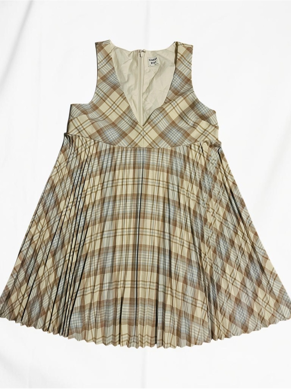 Sunday Best Beige and Brown Plaid Pleated Mini Dress